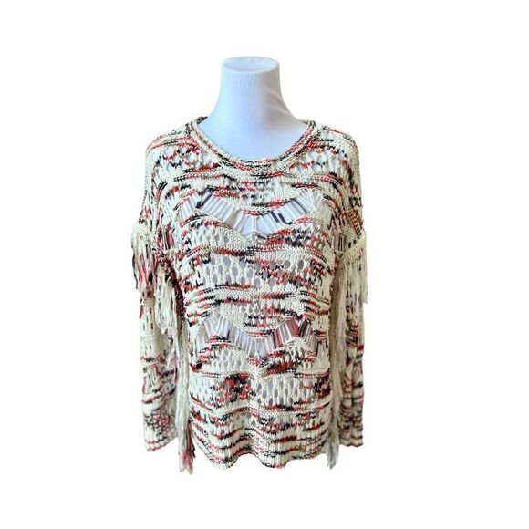 Boston Proper Open Weave Sweater Nylon Fringe Long Sleeves Cream Multi Sz XS - Picture 1 of 9